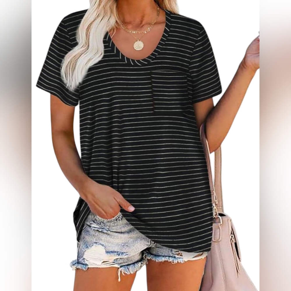 🆕 Women's Black & White Striped Knit Top With Chest Pocket